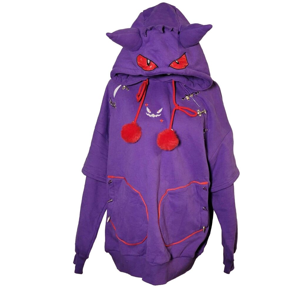 Pokemon Gengar Hoodie Cosplay Purple Oversized Punk Gothic Safety Pin Y2K Kawaii